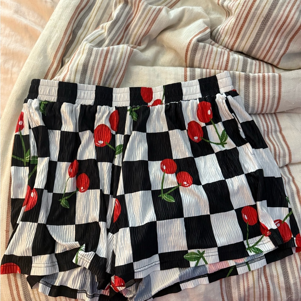 Cherry Checkered High Waist Shorts